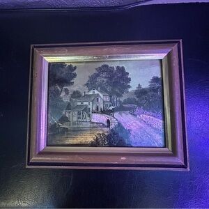 Vintage Currier and Ives Framed Gold Foil Old River Mill House Scene